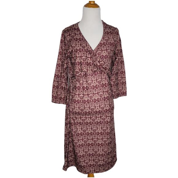 PrAna Faux Wrap Dress Ikat Print Purple Twist Front 3/4 Sleeves Women Medium - Picture 1 of 10
